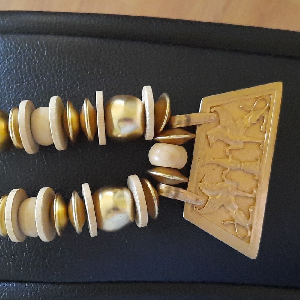Les Bernard Inc. Gold Tone & Beige Egyptian Design Necklace